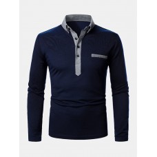 Mens Two Tone Lapel Casual Long Sleeve Golf Shirts With Pocket