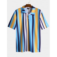 Mens Summer Colorful Striped Short Sleeve Casual Golf Shirts