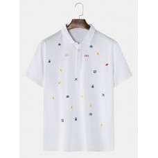 100% Cotton Mens Simple Cartoon Embroidery Short Sleeve White Casual Golf Shirts