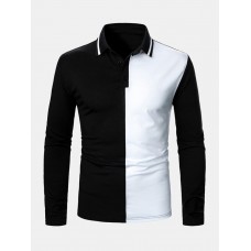 Mens Contrast Color Two Tone Patchwork Lapel Long Sleeve Golf Shirts