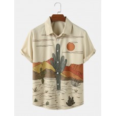 Men Cactus Desert Landscape Print Tropical Plant Short Sleeve Shirts