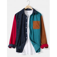 Mens Corduroy Color Block Patchwork Lapel Pocket Long Sleeve Shirts