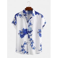 Men Porcelain Floral Print Short Sleeve Relaxed Shirts