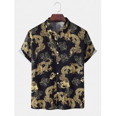 Mens Ethnic Style Dragon Print Button Up Short Sleeve Cotton Casual Shirts