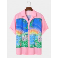 Men Cartoon Landscape Graphic Camp Collar Holiday Short Sleeve Shirts