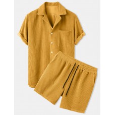 Mens Thin Corduroy Mustard Set Patch Pocket Breathable Short Sleeve Shirt & Shorts