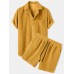 Mens Thin Corduroy Mustard Set Patch Pocket Breathable Short Sleeve Shirt & Shorts