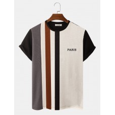 Mens Striped Patchwork Crew Neck Knit Veins Preppy T-Shirts