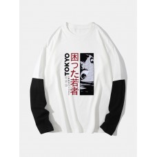 Men Japanese Anime Tokyo Print 100% Cotton 2 In 1 Long Sleeve T-Shirts