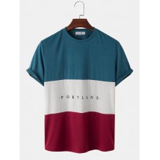 Mens Letter Print Colorblock Stitching Short Sleeve Preppy T-Shirts