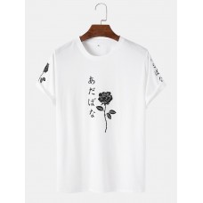 Men Japanese Characters & Rose Print Short Sleeve T-Shirts