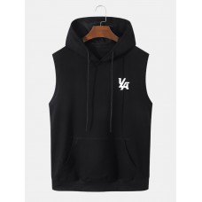 Men Graphic Letter Sleeveless Hooded Drawstring Kangaroo Pocket Tank Top