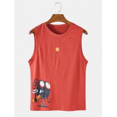 Cotton Cartoon Print Sleeveless Casual Tank Tops