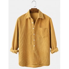 Corduroy Solid Henley Collar Chest Pocket Long Sleeve Shirts