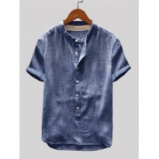 Mens Vintage Cotton Shirts Stand Collar Solid Color Short Sleeve Loose Henley Shirts