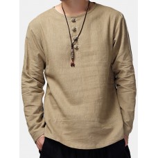 Charmkpr Mens Loose Long Sleeve Cotton Linen Tops Breathable Antibacterial Vintage T-Shirts