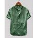 Men Cotton Linen Short Sleeve Solid Color Leisure Henley Shirts