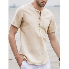 Men Solid Color Chinese Buckle Casual Henley Shirts