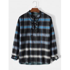 Mens Plaid Ombre Bandage Front Casual Long Sleeve Henley Shirts