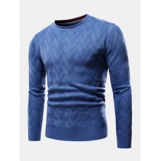 Mens Chevron Knitted Solid Color Crew Neck Slim Fit Casual Sweater