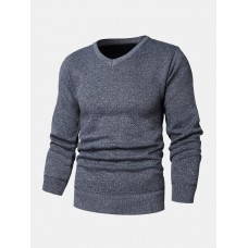 Mens Basic Solid Color V-Neck Knitted Casual Long Sleeve Sweater