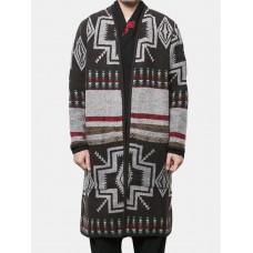 Mens Mid Long Ethnic Printing Pattern Chic Cardigans Coats