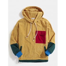 Mens Corduroy Vintage Patchwork Drawstring Hoodies With Flap Pocket