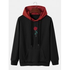 Mens Rose Pattern Splicing Drawstring Hooded Sweatshirt With Kangaroo Pocket