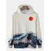 Mens Sea Landscape Print Pocket Long Sleeve Ukiyoe Hoodies