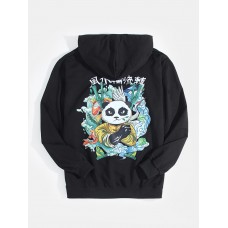 Mens Text & Cartoon Panda Back Print Pocket Ethnic Style Hoodies