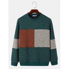 Men Knitted Patchwork Color Block Long Sleeve Casual Pullover Sweatshirt