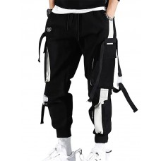 men's cargo pants Streetwear Embroidery Color Block Cotton jogging pants Trousers With Multi-pockets ribbon hiphop punk joggers sweatpants sport harem pants spring Fall