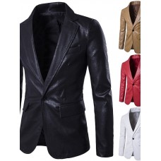 Men's Blazer Sport Jacket Sport Coat Smart Casual Regular Pocket Coat White Black Khaki Red Business Business Fall Single Breasted One-button Turndown  Faux Leather / Winter / Long Sleeve / Work